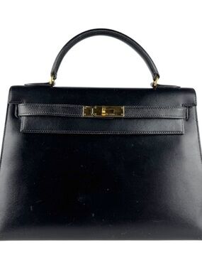 Hermès Kelly 32 Box Black Leather Top-Handle Bag | Clochette Key & Lock Gold